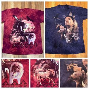 Two (2) The Mountain Native American Graphic Tee Shirts Large Red Tie Dye Blue
